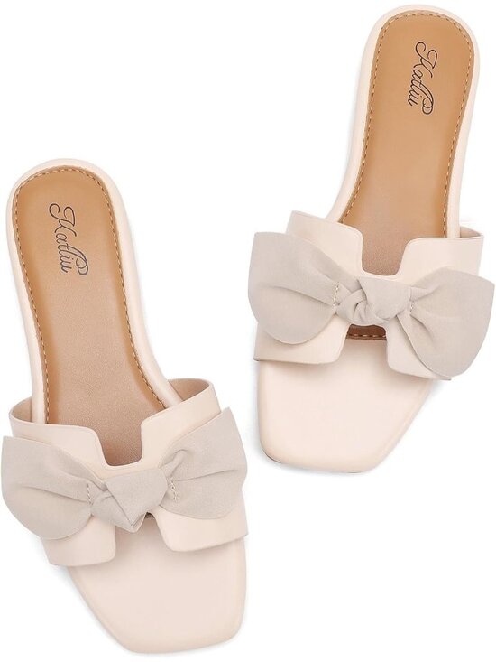 Shoes - Women's Beige Summer comfort Square Open Toe Bow Bridal Slide Flat Sandals